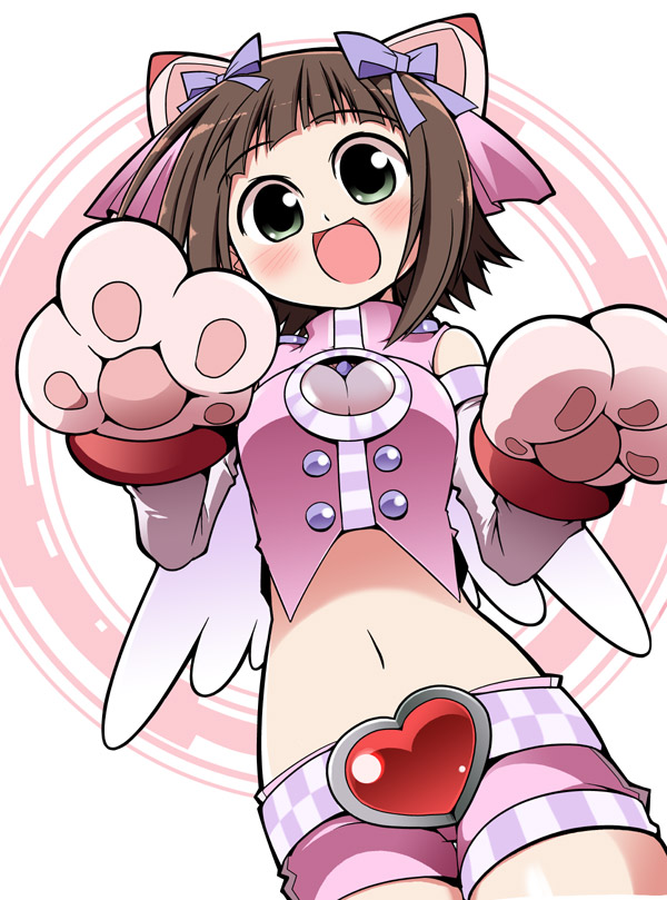 serebi ryousangata, sforce, amami haruka, idolmaster, idolmaster (classic), idolmaster 1, bad id, bad pixiv id, 00s, 1girl, animal ears, animal hands, breasts, cat ears, cat paws, cleavage, cosmic & funny (idolmaster), female focus, medium breasts, solo, wings