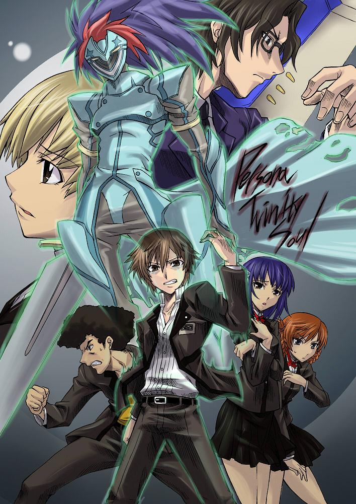 ippongui, segami daisuke, abel (persona), kanzato jun, kanzato ryou, kanzato shin, kayano megumi, morimoto kanaru, sakakiba takuro, atlus, persona, persona trinity soul, 00s, 2girls, 4boys, belt, black hair, blonde hair, brown hair, buckle, clenched hand, clenched teeth, everyone, glasses, jacket, long sleeves, looking at viewer, monster, multiple boys, multiple girls, open clothes, open jacket, orange hair, profile, standing, teeth