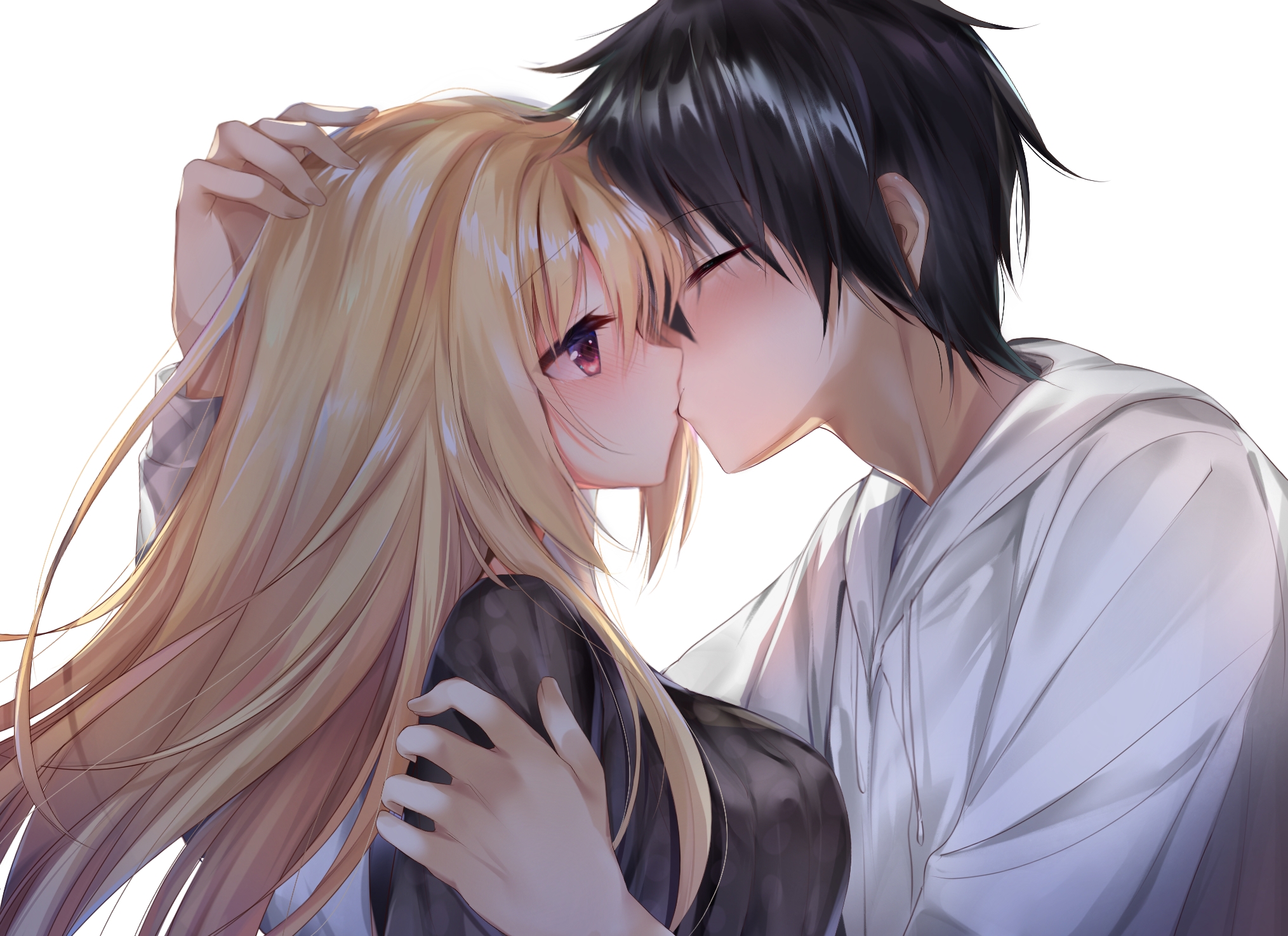 mutsura yuuto, nicola cepheus, dracu-riot!, chinese commentary, commentary request, highres, variant set, 1boy, 1girl, black hair, black shirt, blonde hair, blush, breasts, closed eyes, closed mouth, couple, from side, hair between eyes, half-closed eyes, hand on another's head, hand on another's shoulder, hetero, hood, hood down, hoodie, hug, kiss, large breasts, lips, long hair, long sleeves, looking at another, profile, red eyes, shirt, short hair, simple background, spiked hair, straight hair, user fffx2448, white background, white hoodie