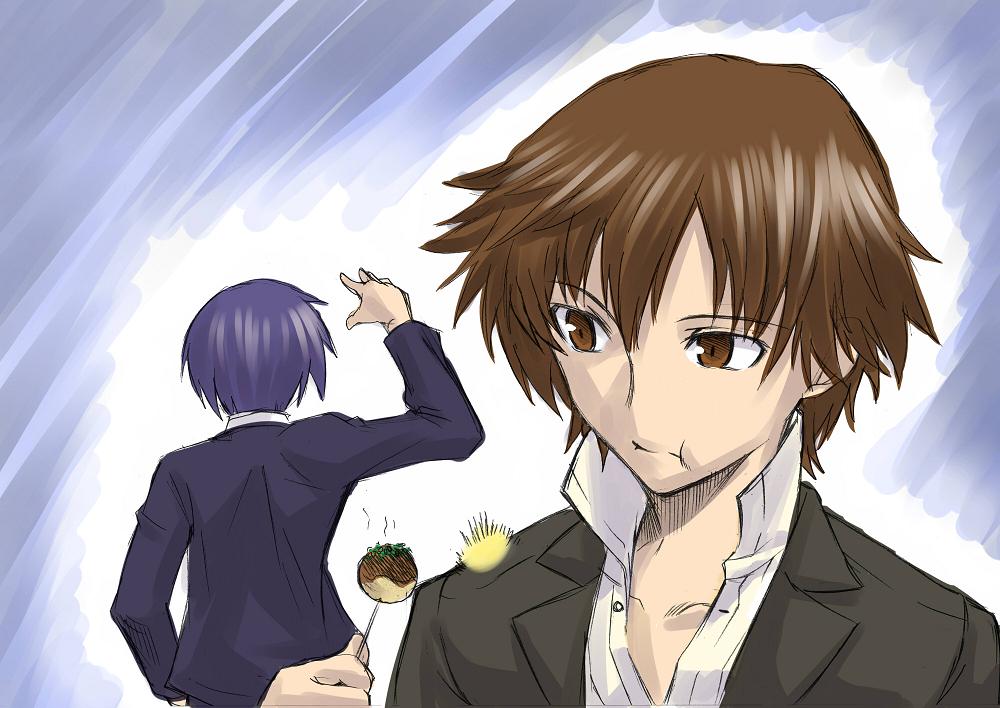 segami daisuke, kanzato shin, yuuki makoto (persona 3), atlus, persona, persona 3, persona trinity soul, 00s, 2boys, blue hair, brown eyes, brown hair, crossover, eating, food, male focus, multiple boys, school uniform, serafuku, short hair