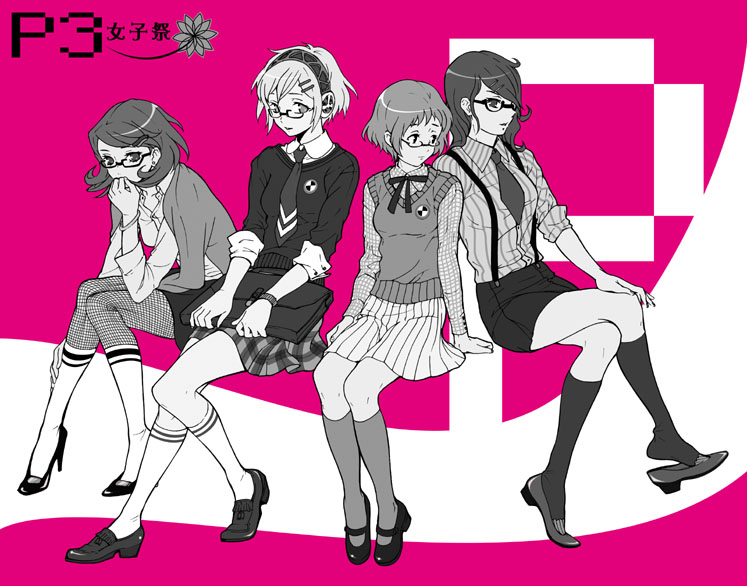 koremi2, koremitsu, aigis (persona), kirijou mitsuru, takeba yukari, yamagishi fuuka, atlus, persona, persona 3, bookbag, plaid, striped, 4girls, bag, bespectacled, bow, bowtie, bracelet, cardigan, crossed legs, dress shirt, fashion, fishnet pantyhose, fishnets, flower, glasses, hair ornament, hairband, hairclip, high heels, jewelry, kneehighs, knees, legs, loafers, long hair, long sleeves, mary janes, miniskirt, mole, monochrome, multiple girls, necktie, open clothes, open shirt, pantyhose, pink background, school uniform, serafuku, shirt, shoe dangle, shoes, short hair, sitting, skirt, sleeves rolled up, socks, suspenders, sweater, sweater vest, unbuttoned, watch, wristwatch