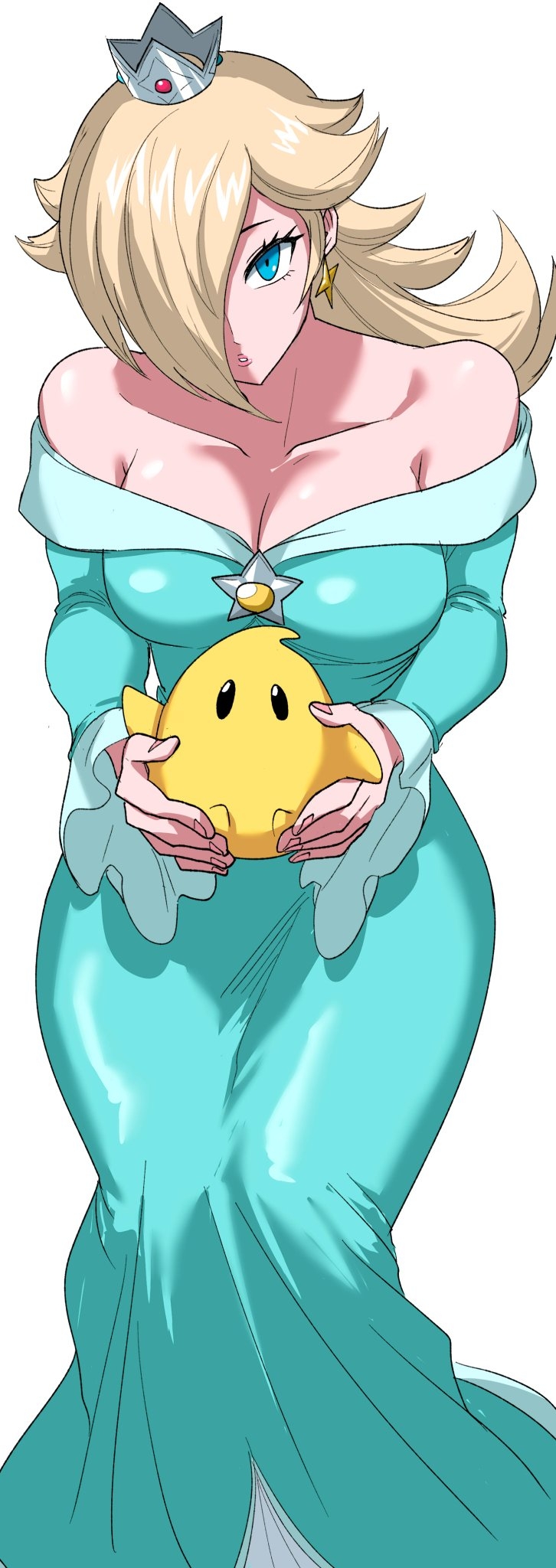 nasu (ilo a5), luma (mario), rosalina, mario (series), nintendo, super mario galaxy, highres, 1girl, aqua dress, bare shoulders, blonde hair, blue eyes, breasts, crown, dress, earrings, frills, hair over one eye, holding, jewelry, large breasts, long hair, long sleeves, looking at viewer, off-shoulder dress, off shoulder, open mouth, parted lips, silver crown, simple background, star (symbol), star earrings, white background, wide sleeves
