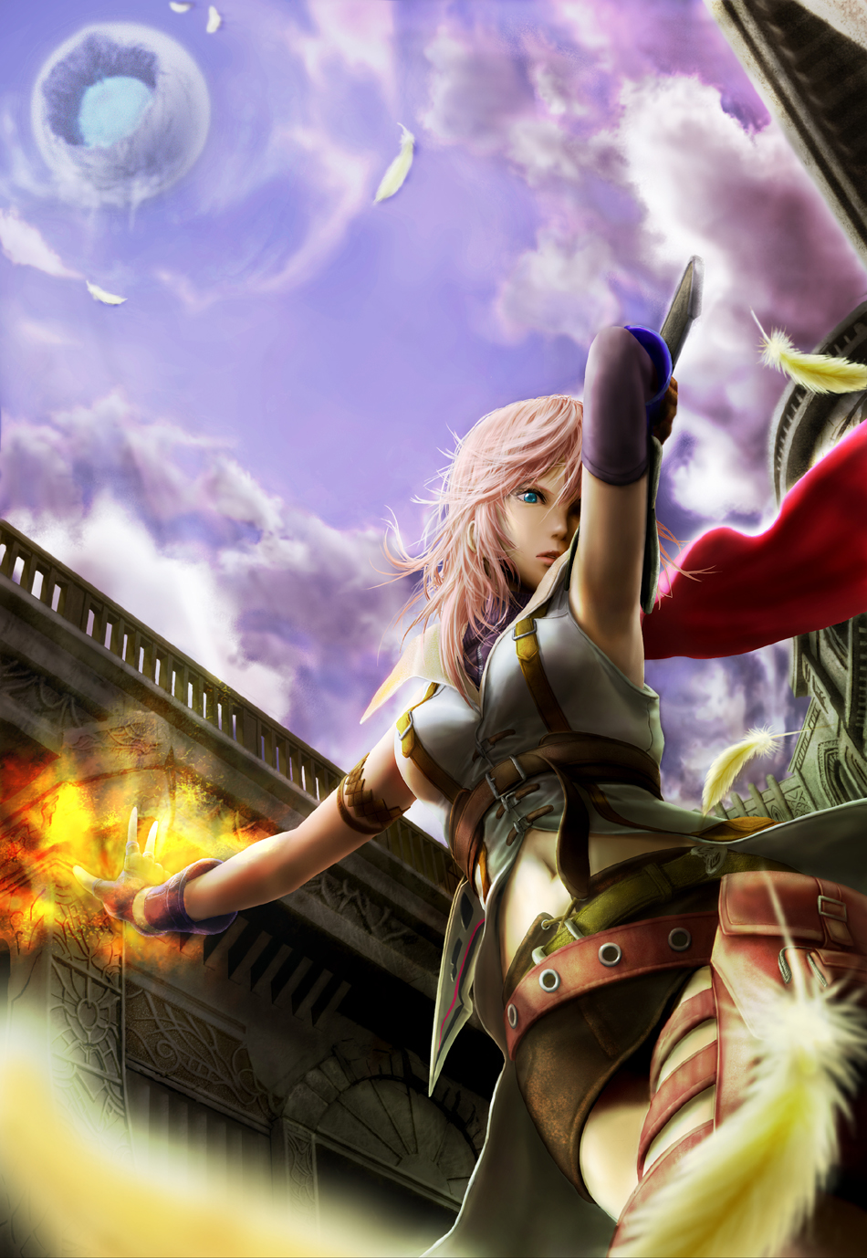 rinzou (dangan), lightning farron, final fantasy, final fantasy xiii, bad id, bad pixiv id, highres, 10s, 1girl, blue eyes, brown hair, feathers, female focus, fingerless gloves, gloves, miniskirt, navel, skirt, solo, sword, thigh strap, weapon