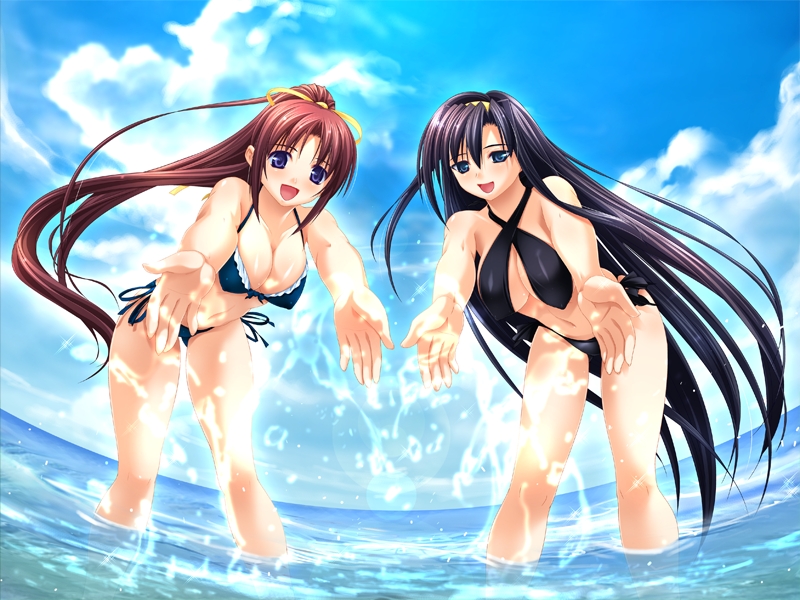 shinonome kazuhiko, kirishima mizuki, shirakawa saori, aneimo, game cg, non-web source, 00s, 2girls, bent over, bikini, black hair, blue eyes, breasts, cleavage, cloud, covered erect nipples, day, hair ribbon, hairband, happy, large breasts, long hair, multiple girls, outdoors, ponytail, red hair, ribbon, side-tie bikini bottom, sky, splashing, swimsuit, very long hair, wading, water