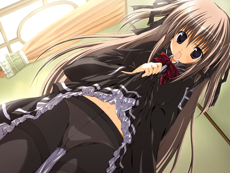 despair witch, game cg, 1girl, black pantyhose, blush, clothes lift, crotch seam, female focus, long hair, navel, panties, panties under pantyhose, pantyhose, pantyshot, school uniform, serafuku, skirt, skirt lift, solo, thighband pantyhose, underwear, upskirt