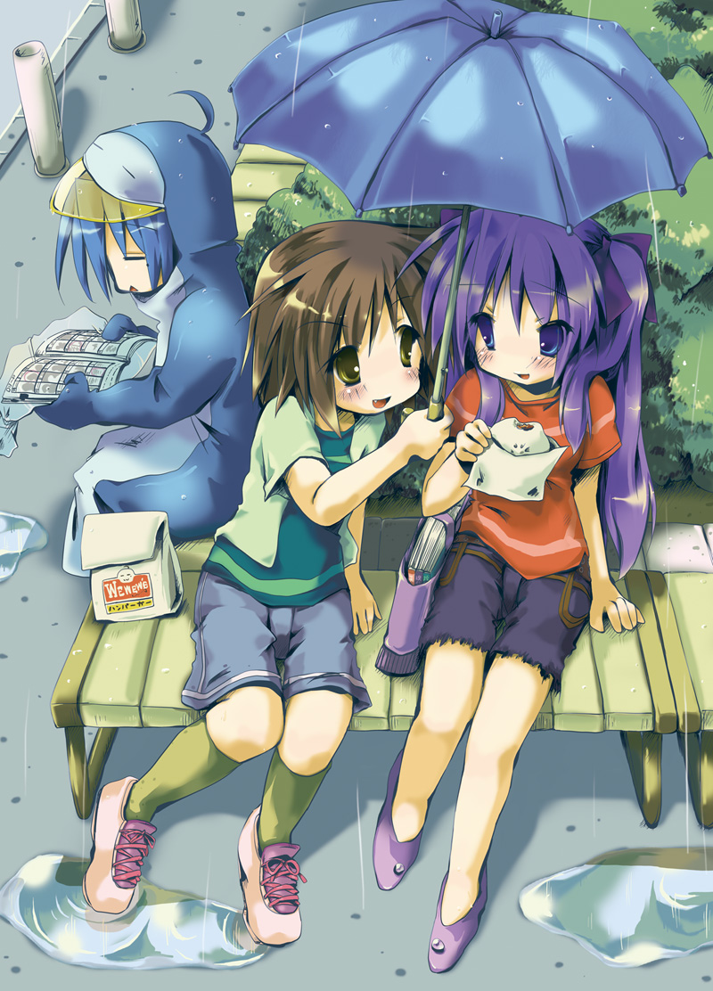 sakanaya nakasa, hiiragi kagami, izumi konata, kusakabe misao, lucky star, wendy's, 00s, 3girls, fang, mole, mole under eye, multiple girls, rain, raincoat, umbrella