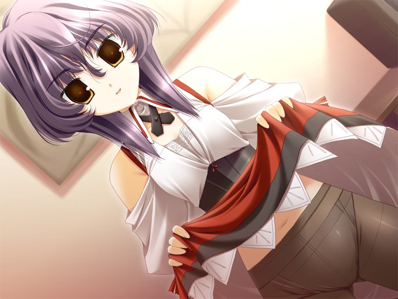 sakaki maki, amano rinne, pot rondo for dears, game cg, 1girl, clothes lift, crotch seam, female focus, navel, panties, panties under pantyhose, pantyhose, pantyshot, purple hair, skirt, skirt lift, solo, underwear, upskirt, waitress, yellow eyes