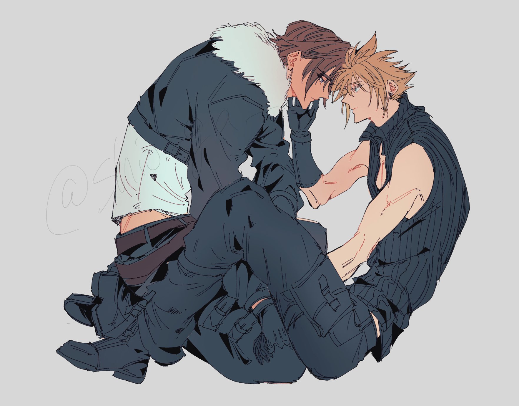 shio ga, cloud strife, squall leonhart, final fantasy, final fantasy vii, final fantasy vii advent children, final fantasy viii, highres, 2boys, bare shoulders, belt, black boots, black gloves, black jacket, black pants, black vest, blonde hair, blue eyes, boots, brown belt, brown hair, cropped jacket, earrings, full body, fur-trimmed jacket, fur trim, gloves, grey background, hair between eyes, hand on another's cheek, hand on another's face, holding hands, jacket, jewelry, looking at another, male focus, midriff peek, multiple belts, multiple boys, pants, shirt, short hair, single earring, sitting, spiked hair, twitter username, vest, white shirt, yaoi