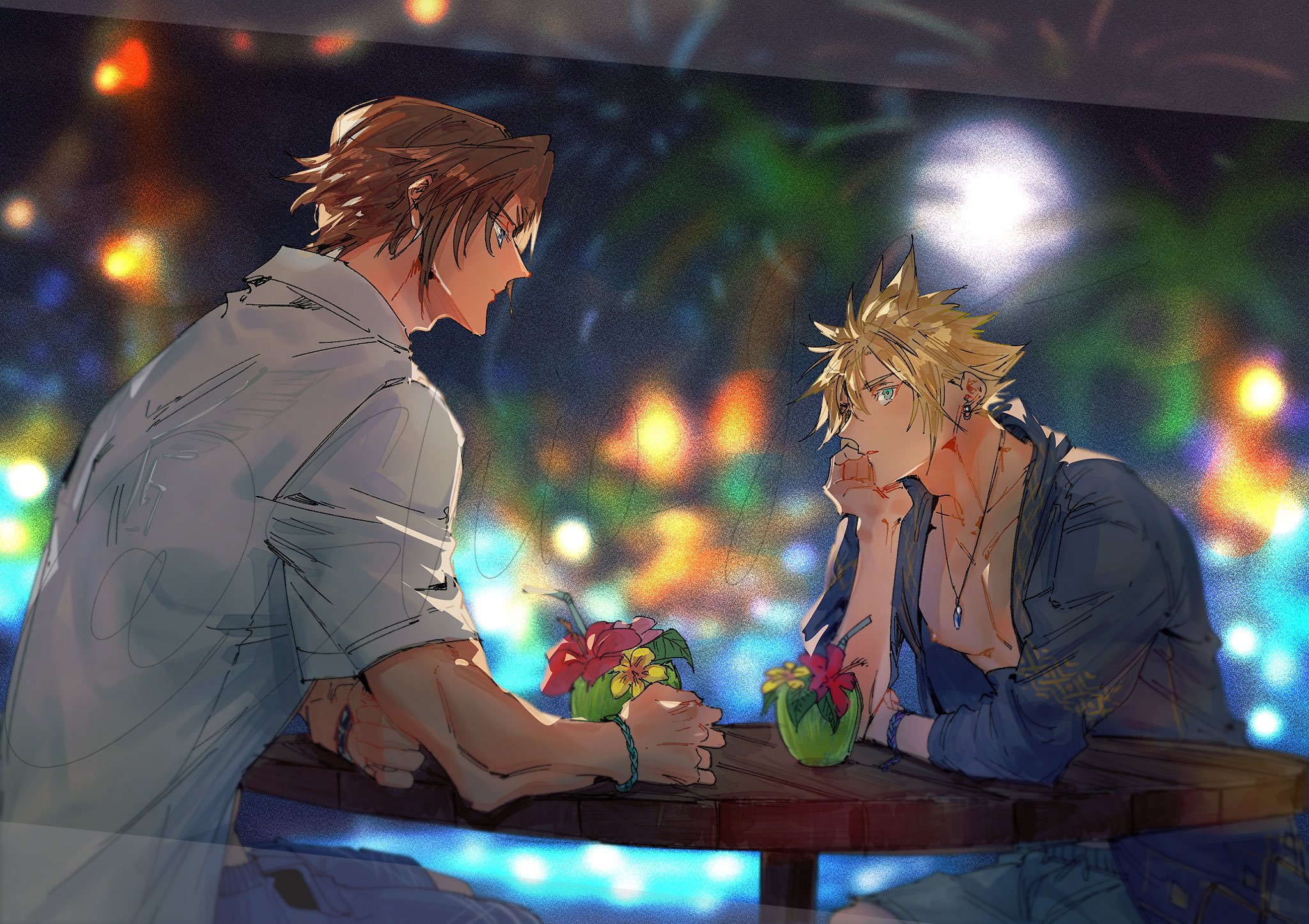 shio ga, cloud strife, squall leonhart, final fantasy, final fantasy vii, final fantasy vii advent children, final fantasy viii, highres, 2boys, aqua eyes, black shirt, blonde hair, blue eyes, blurry, blurry background, brown hair, chain, chain bracelet, collared shirt, earrings, fireworks, flower in drink, grey shorts, hair between eyes, head on hand, jewelry, male focus, multiple boys, necklace, open clothes, open shirt, pectorals, shirt, short hair, short sleeves, shorts, single earring, sitting, sleeves rolled up, spiked hair, tropical drink, upper body, white shirt, yaoi