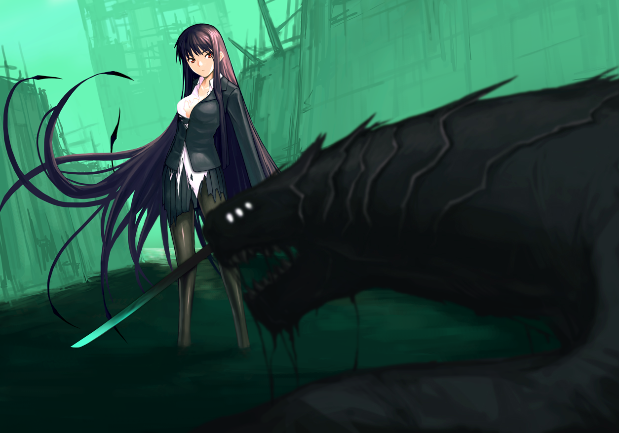 blight essence, original, bad id, bad pixiv id, black hair, black pantyhose, blazer, jacket, katana, long hair, monster, pantyhose, pleated skirt, red eyes, skirt, solo, sword, torn clothes, very long hair, water, weapon