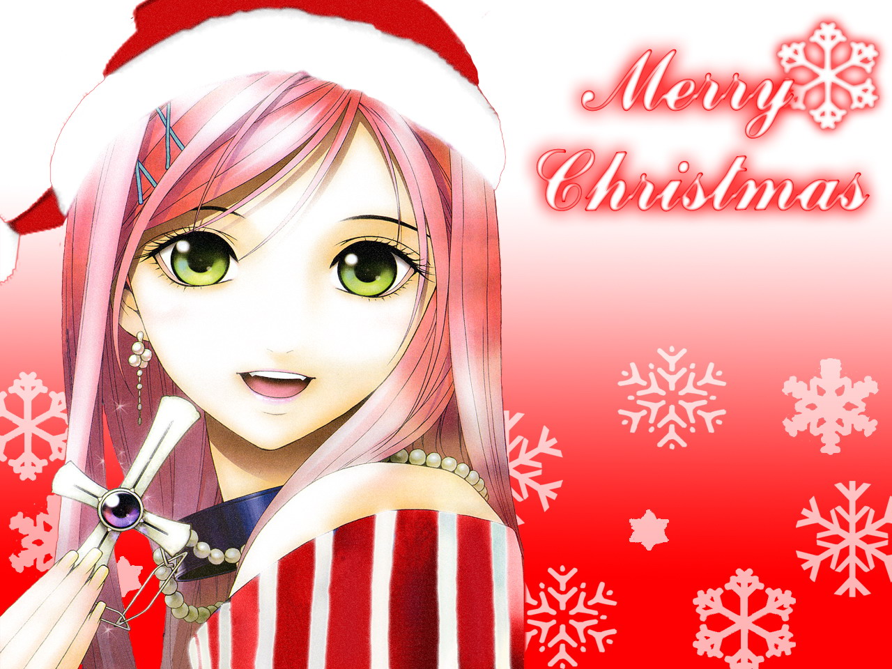 santen, akashiya moka, rosario+vampire, striped, 00s, 1girl, :d, christmas, earrings, female focus, green eyes, jewelry, looking at viewer, open mouth, pink hair, pom pom beanie, santa costume, smile, snowflakes, solo, vertical stripes