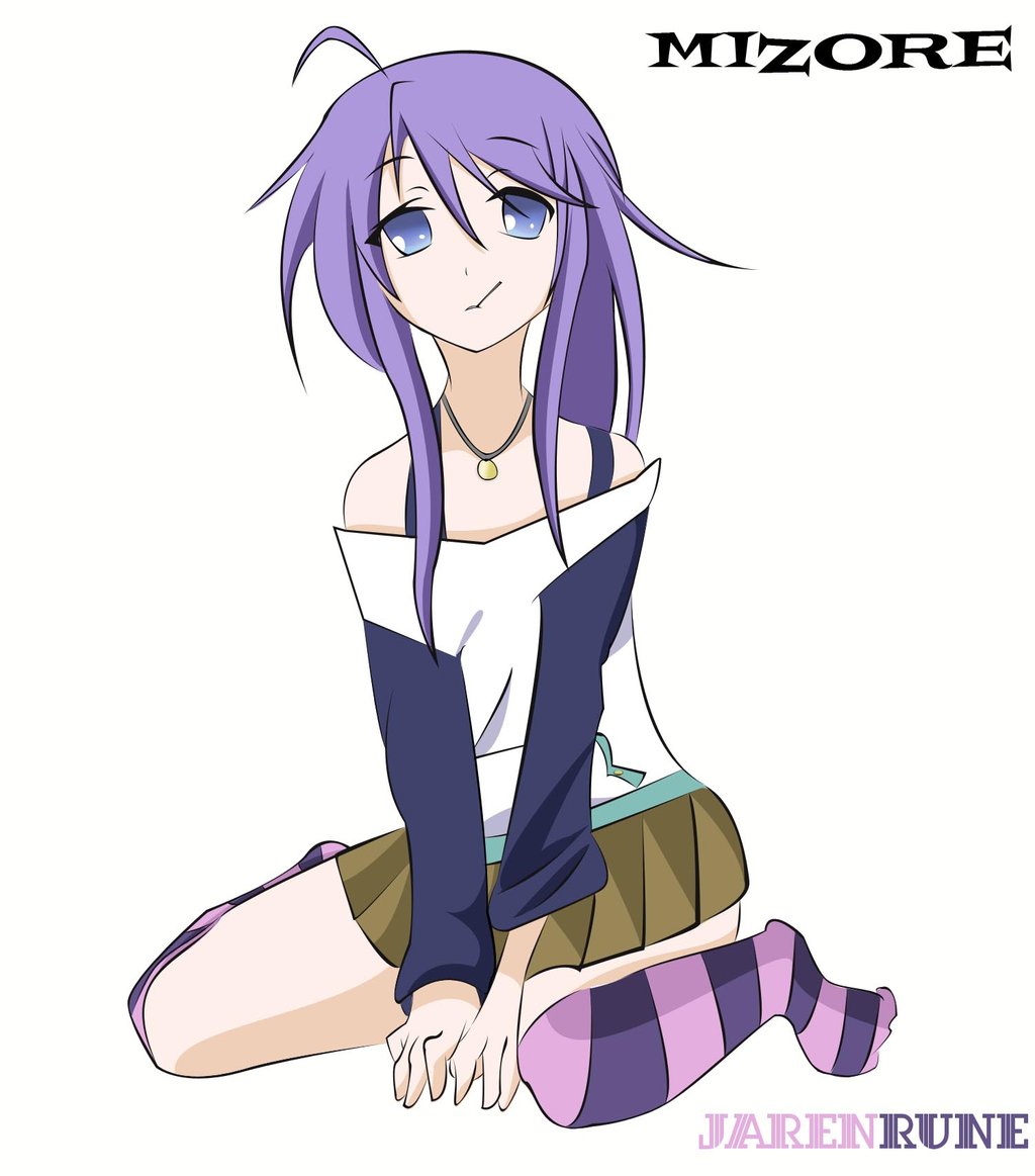 shirayuki mizore, rosario+vampire, striped legwear, 00s, 1girl, blue eyes, candy, female focus, food, jewelry, lollipop, necklace, purple hair, simple background, skirt, solo, thighhighs