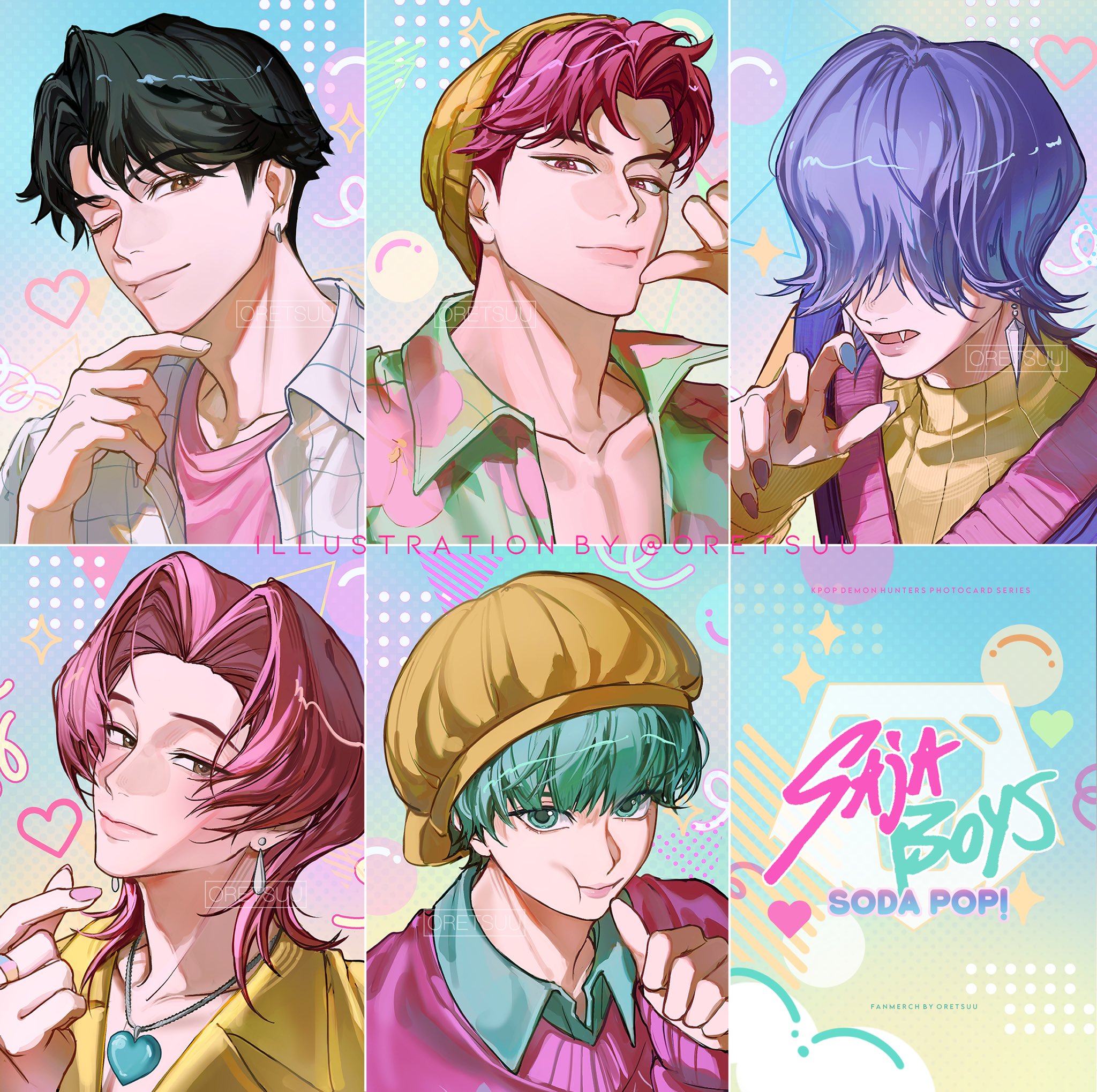 oretsuu, abby (kpop demon hunters), baby (kpop demon hunters), jinu (kpop demon hunters), mystery (kpop demon hunters), romance (kpop demon hunters), kpop demon hunters, commentary, highres, 5boys, aqua hair, black hair, brown hair, collared shirt, earrings, fang, group name, hair over eyes, hat, heart, heart pendant, jewelry, looking at viewer, male focus, medium hair, multiple boys, necklace, one eye closed, pink eyes, pink hair, pink nails, purple hair, purple nails, shirt, song name, sparkle, twitter username, yellow hat
