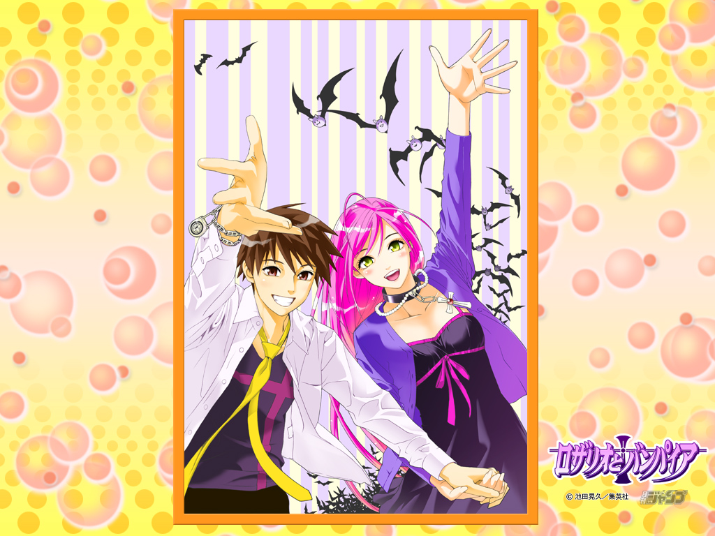 akashiya moka, aono tsukune, rosario+vampire, 00s, brown hair, holding hands, necktie, open mouth, smile