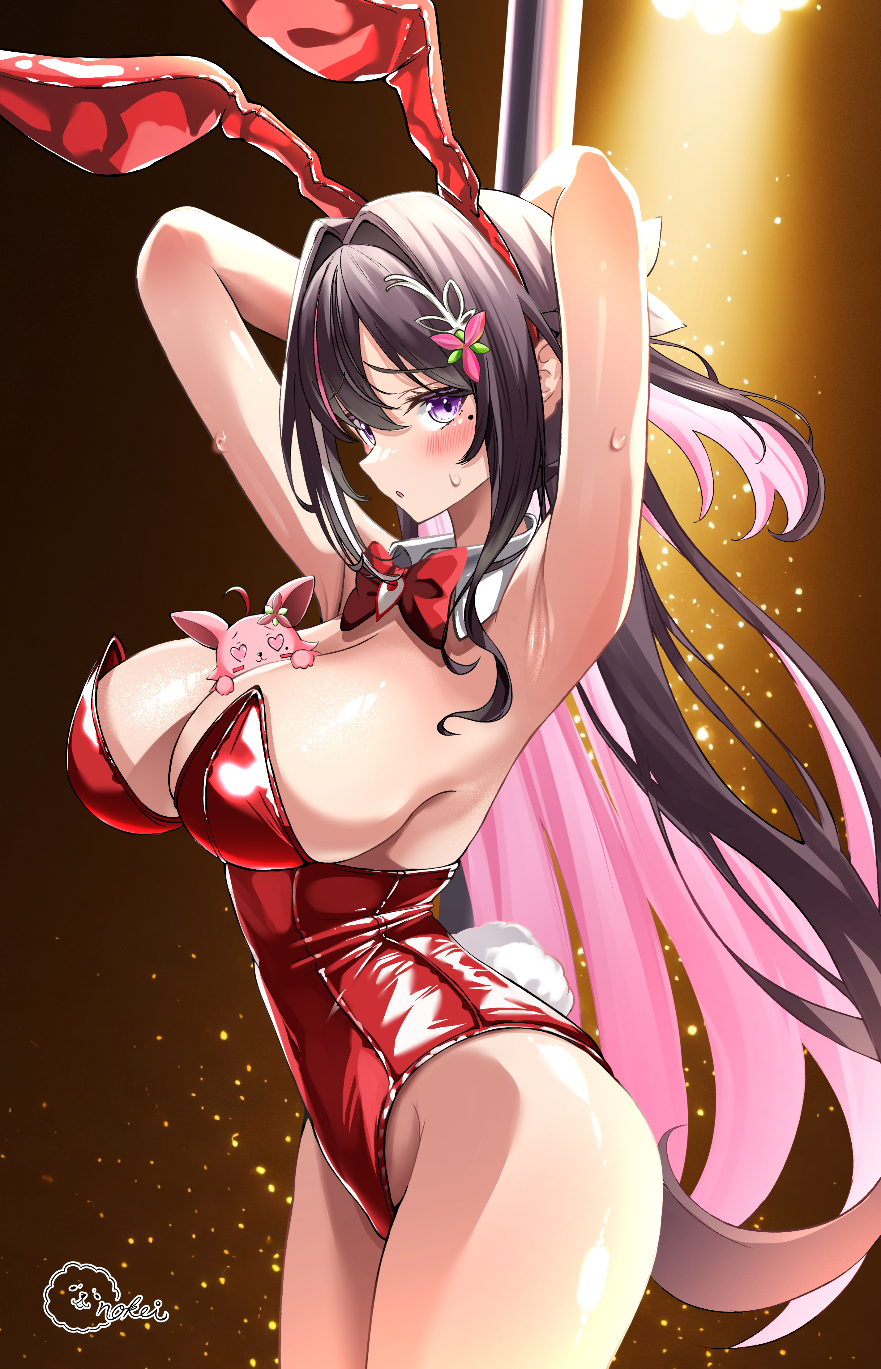 inokeiwd, pioneer (azki), hololive, absurdres, highres, 1girl, alternate costume, animal ears, arms behind head, arms up, black hair, blush, breasts, cleavage, colored inner hair, fake animal ears, fake tail, large breasts, leotard, looking at viewer, mole, mole under eye, multicolored hair, open mouth, pink hair, pole, purple eyes, rabbit ears, rabbit tail, red leotard, solo, streaked hair, stripper pole, tail, virtual youtuber