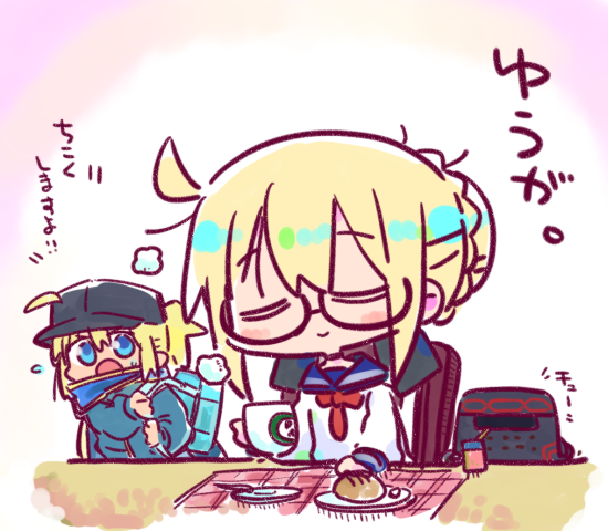 kasuga yuuki, artoria pendragon (fate), mysterious heroine x alter (fate), mysterious heroine xx (fate), fate/grand order, fate (series), commentary request, translation request, 2girls, :o, ahoge, bag, black-framed eyewear, black hat, blonde hair, blue jacket, blue sailor collar, blue scarf, braid, bread, chair, chibi, closed eyes, closed mouth, flat cap, flying sweatdrops, food, glasses, hair between eyes, hair bun, hair through headwear, hat, jacket, long sleeves, multiple girls, neckerchief, on chair, open mouth, plate, ponytail, puffy long sleeves, puffy sleeves, red neckerchief, sailor collar, scarf, school bag, school uniform, semi-rimless eyewear, serafuku, shirt, sitting, under-rim eyewear, white shirt