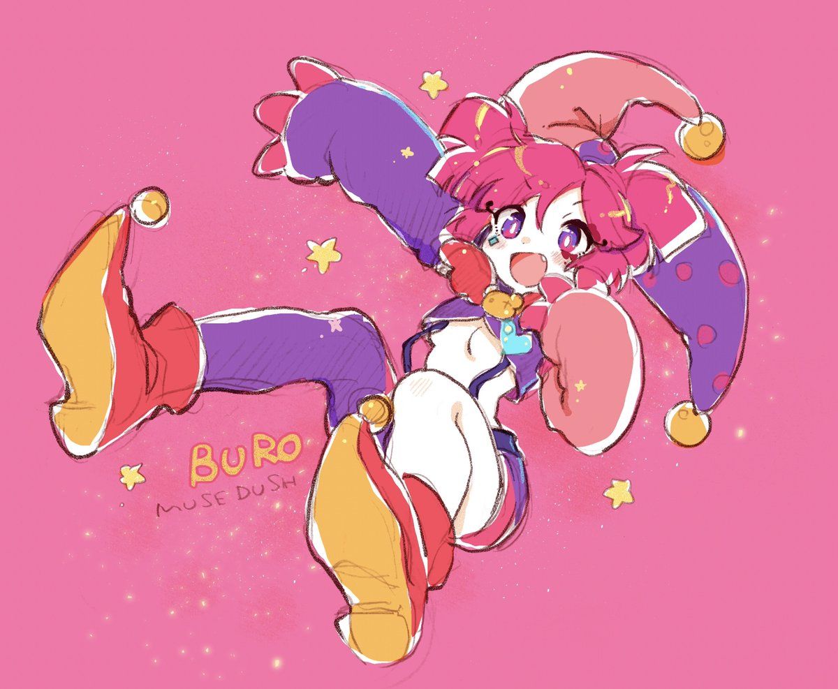 ogawa hidari, buro (joker) (muse dash), buro (muse dash), muse dash, protected link, 1girl, :d, arm up, asymmetrical legwear, asymmetrical sleeves, bear brooch, belt, blunt bangs, blunt ends, breasts, bright pupils, brooch, character name, cleavage, colored skin, copyright name, cross-eyed, diamond facial mark, dot nose, facial mark, fang, foreshortening, full body, hand on own face, hand up, happy, hat, hatching (texture), jester cap, jewelry, mark under eye, midair, mismatched legwear, mismatched sleeves, official alternate costume, open mouth, outstretched arm, overalls, pantyhose, pink background, pink hair, pink shoes, pink shorts, pink sleeves, pointy shoes, purple belt, purple eyes, purple pantyhose, purple shorts, purple shrug, purple sleeves, revealing clothes, shoes, short shorts, short twintails, shorts, shrug (clothing), side part, single leg pantyhose, sitting, smile, solo, sparkle, star (symbol), twintails, underboob, v-shaped eyebrows, white pupils, white skin