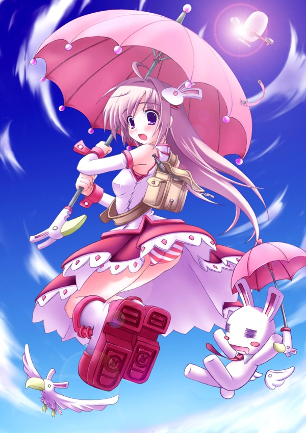 backpack, bag, day, detached sleeves, dress, jumping, panties, pink hair, purple eyes, rabbit, randoseru, sky, striped clothes, striped panties, sun, umbrella, umbrella riding, underwear, upskirt