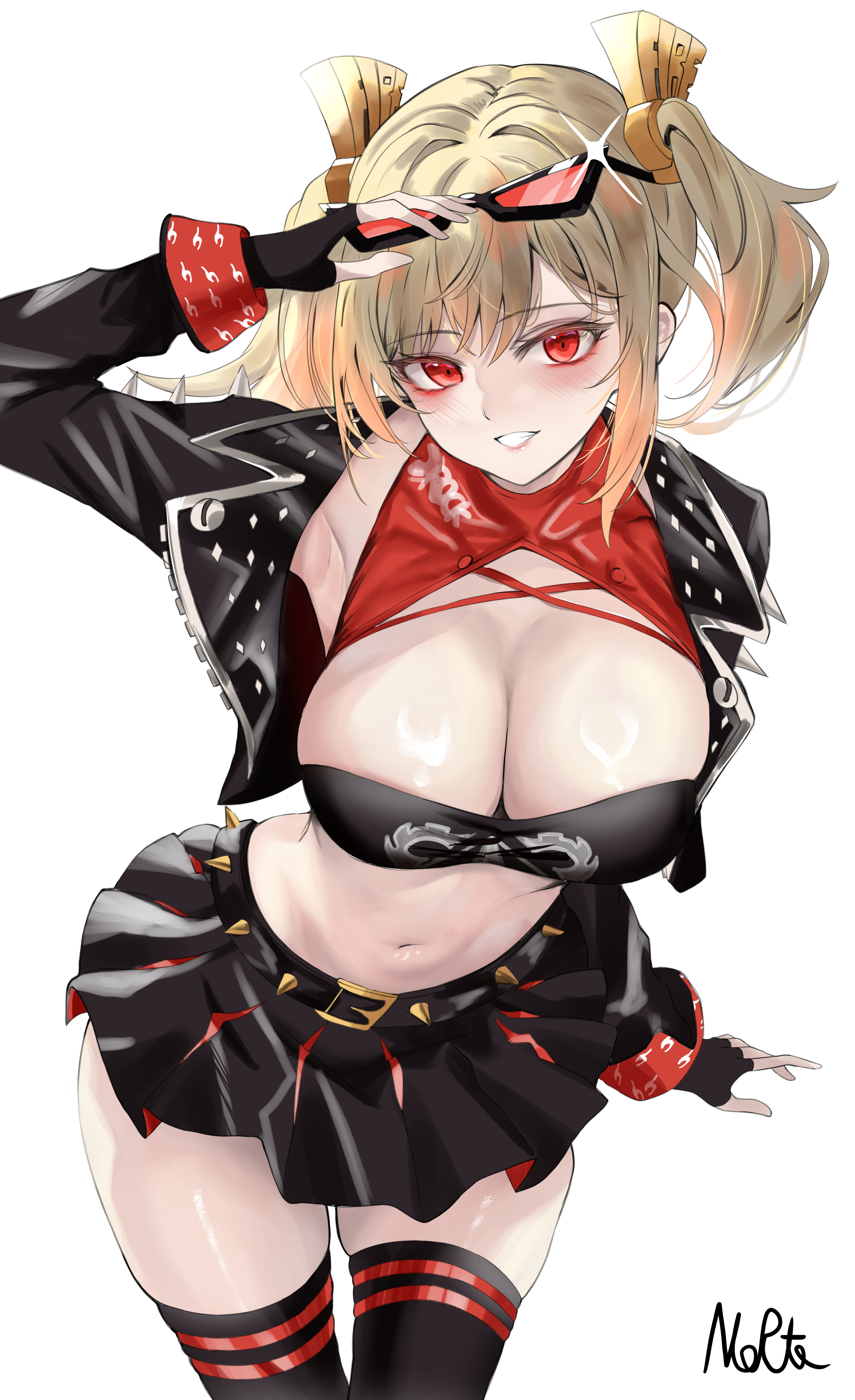 naruta (nmaf4445), burnice white, zenless zone zero, absurdres, commentary, highres, 1girl, adjusting eyewear, black jacket, black skirt, black thighhighs, black tube top, blonde hair, breasts, jacket, large breasts, looking at viewer, miniskirt, red eyes, short hair, simple background, skirt, smile, solo, stomach, strapless, sunglasses, thighhighs, thighs, tube top, twintails, white background