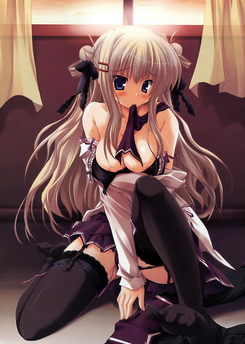 happy birthday (artist), maruchan., breast hold, 1girl, areola slip, bare shoulders, black bra, black panties, black thighhighs, blue eyes, blush, bow, bra, bra pull, breasts, cleavage, clothes pull, curtains, double bun, embarrassed, female focus, garter belt, garter straps, hair bow, hair bun, hair ornament, hairclip, indoors, kneeling, large breasts, lingerie, long hair, mouth hold, nipple slip, nipples, off shoulder, on floor, open clothes, open shirt, panties, pantyshot, pleated skirt, school uniform, serafuku, shirt, sitting, skirt, sky, solo, strap slip, sunset, sweat, thighhighs, underwear, undressing, very long hair, wavy hair, white hair, window, zettai ryouiki