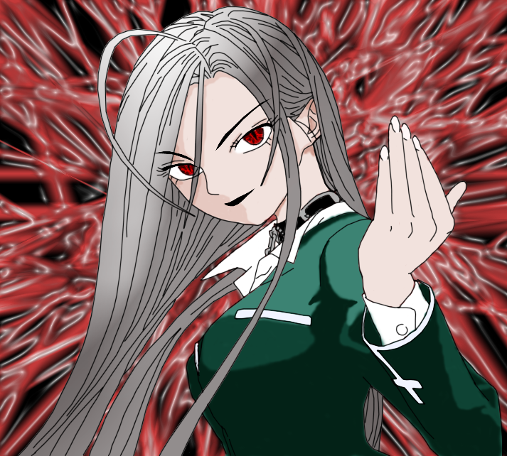 akashiya moka, inner moka, rosario+vampire, silver hair, uniform, 00s, 1girl, ahoge, closed mouth, female focus, green shirt, lips, long hair, long sleeves, looking at viewer, red eyes, shirt, slit pupils, smirk, solo, vampire