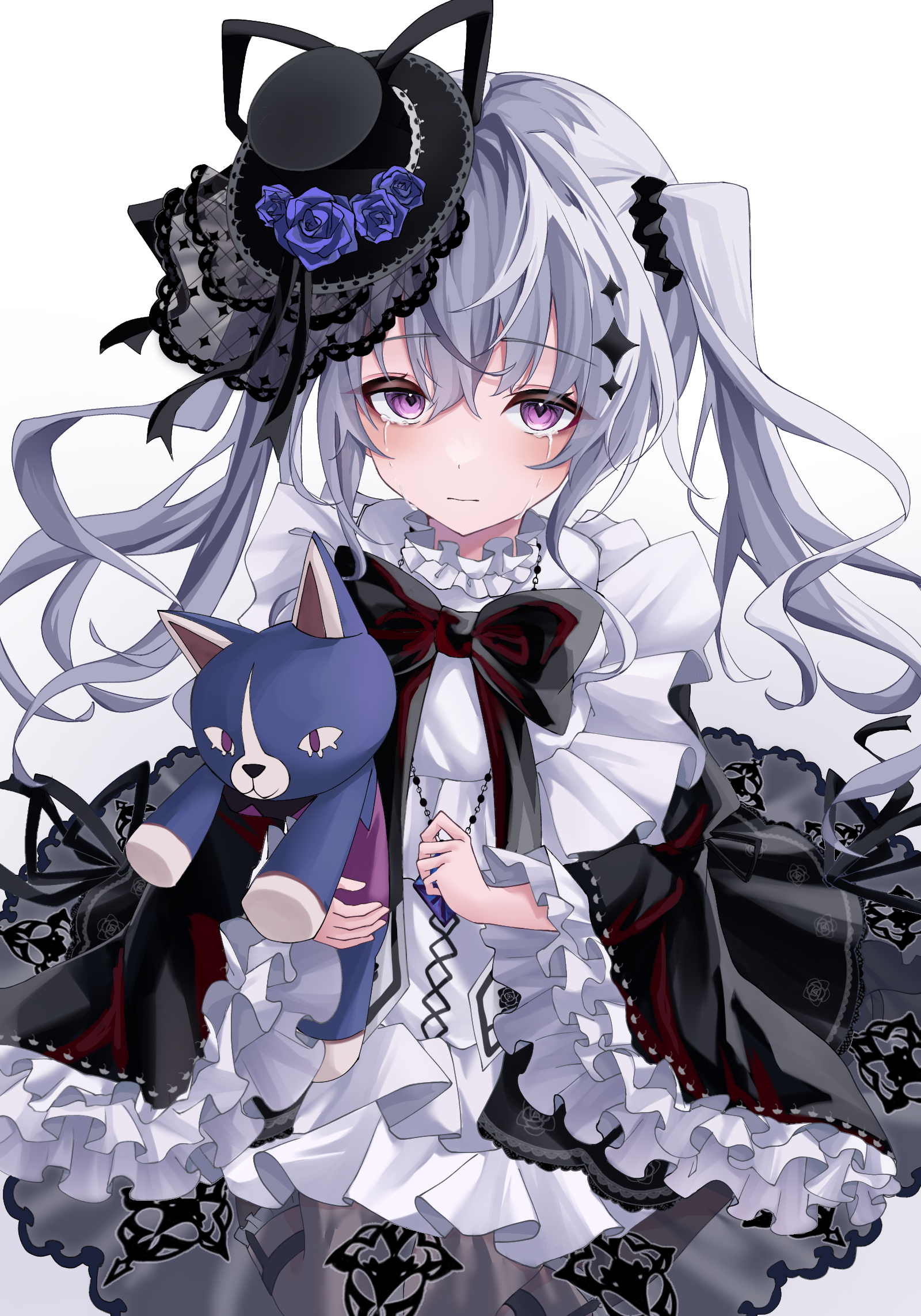 choumiryou, acid (maimai), maimai (game), highres, 1girl, blue flower, blue rose, blush, bow, closed mouth, dress, flower, frilled dress, frills, gothic lolita, hair between eyes, hair ornament, hat, holding, lolita fashion, long hair, long sleeves, looking at viewer, purple eyes, rose, solo, stuffed animal, stuffed toy, tears, twintails, white background, wide sleeves