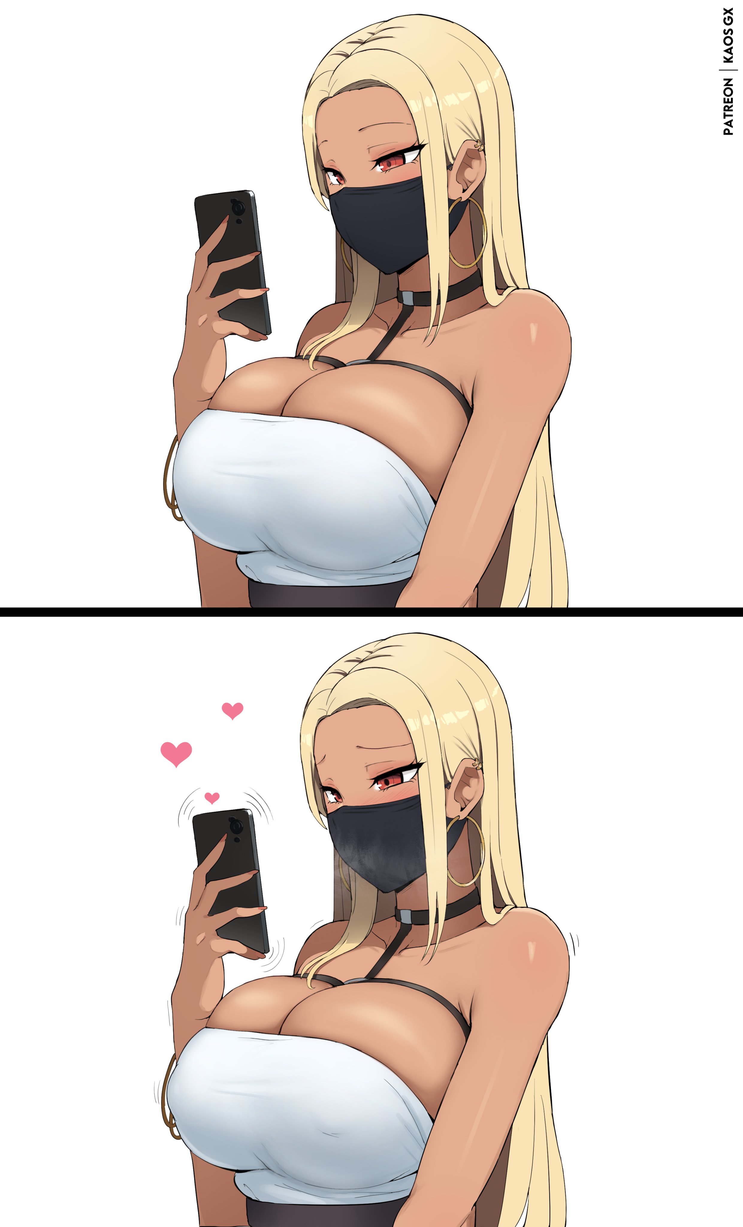 kaos art, original, absurdres, commentary, english commentary, highres, 1girl, bare shoulders, black choker, blonde hair, blush, bracelet, breasts, brown eyes, cellphone, choker, cleavage, ear piercing, earrings, heart, holding, holding phone, hoop earrings, huge breasts, jewelry, long hair, looking at phone, mask, mouth mask, patreon username, phone, piercing, simple background, skindentation, smartphone, solo, split screen, strapless, tan, tube top, white background