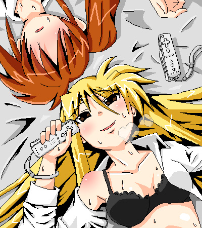 fate testarossa, takamachi nanoha, lyrical nanoha, mahou shoujo lyrical nanoha, mahou shoujo lyrical nanoha strikers, lowres, 00s, 2girls, black bra, blonde hair, blush, bra, game console, lingerie, multiple girls, no eyes, open clothes, open shirt, playing games, shirt, sweat, underwear, video game, wii, yuri