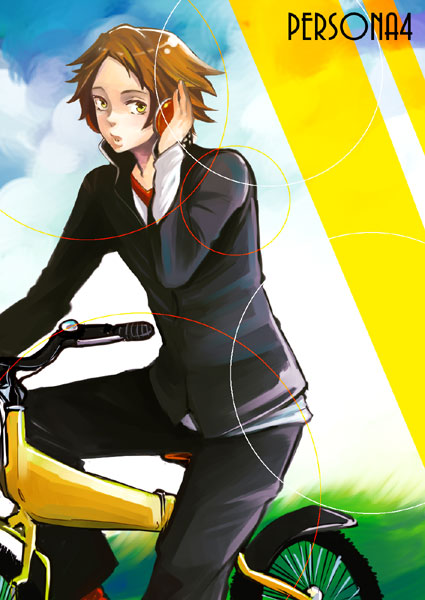 hanamura yousuke, atlus, persona, persona 4, 1boy, bicycle, brown hair, headphones, male focus, nature, outdoors, plant, short hair, sky, solo