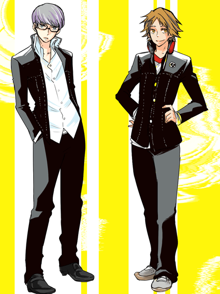 hanamura yousuke, narukami yu, atlus, persona, persona 4, silver hair, 2boys, brown hair, full body, glasses, male focus, multiple boys, school uniform, serafuku, short hair