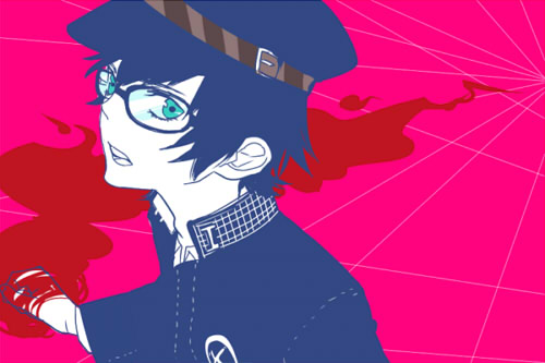shirogane naoto, atlus, persona, persona 4, lowres, 1girl, androgynous, blue hair, female focus, glasses, hat, newsboy cap, reverse trap, short hair, solo, tomboy