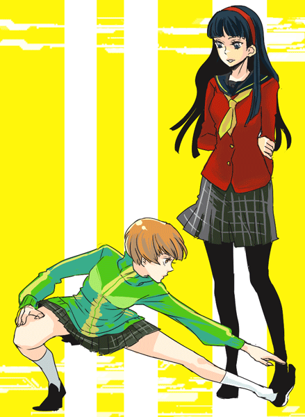 amagi yukiko, satonaka chie, atlus, persona, persona 4, black hair, brown hair, hairband, headband, long hair, pantyhose, school uniform, serafuku, short hair, skirt, stretching