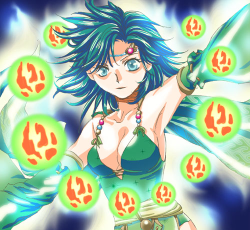 kimagureneko, rydia (adult) (ff4), rydia (ff4), final fantasy, final fantasy iv, lowres, 1990s (style), 1girl, aged up, armpits, breasts, cape, cleavage, detached sleeves, female focus, green eyes, green hair, leotard, magic, matching hair/eyes, medium breasts, retro artstyle, solo