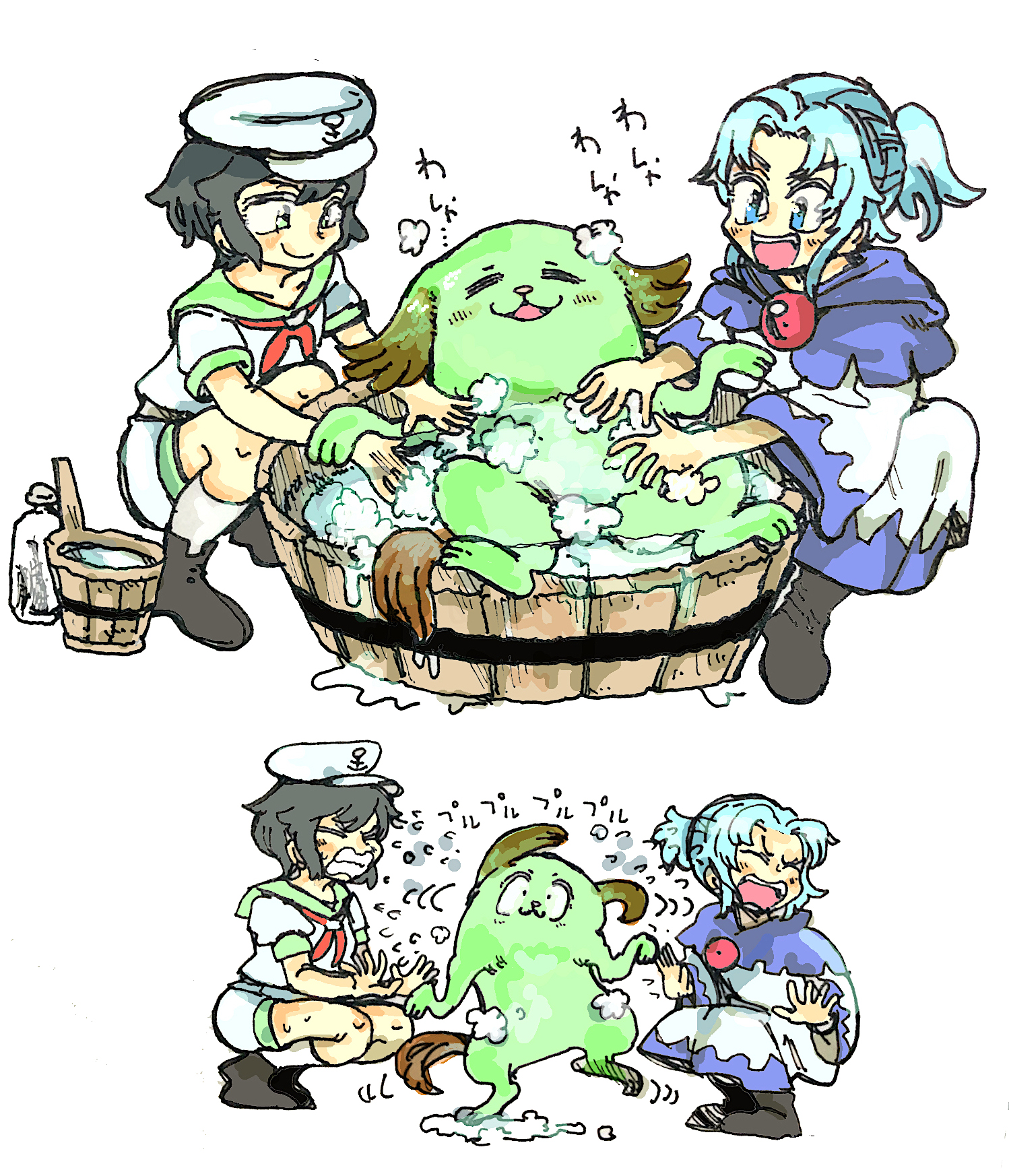 morisshii (morishiey), kasodani kyouko, kasodani kyouko (yamabiko), kumoi ichirin, murasa minamitsu, touhou, commentary request, highres, translation request, 2girls, :d, bathing, black hair, black shoes, blue capelet, blue eyes, blue hair, blush, bottle, bucket, capelet, clenched teeth, closed eyes, dot pupils, green eyes, green fur, green sailor collar, hat, knees, multiple girls, neckerchief, no headwear, open mouth, ponytail, red brooch, red neckerchief, robe, sailor collar, sailor hat, school uniform, serafuku, shaking, shirt, shoes, short hair, short sleeves, shorts, smile, soap bubbles, socks, sound effects, surprised, teeth, upper teeth only, washing another, washtub, water drop, white background, white hat, white robe, white shirt, white shorts, white socks, wooden bucket