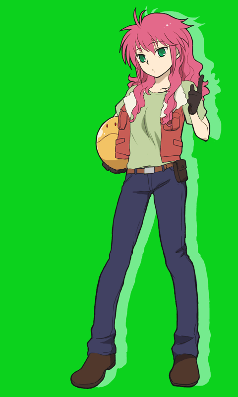 plum (arch), feldt grace, haro, lockon stratos, gundam, gundam 00, 1girl, cosplay, female focus, gloves, green eyes, lockon stratos (cosplay), pants, pink hair, solo, vest