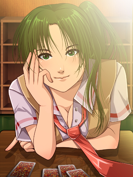 nannore, sonozaki mion, higurashi no naku koro ni, 00s, 1girl, breasts, card, classroom, cleavage, female focus, green eyes, green hair, hand on own face, indoors, large breasts, long hair, matching hair/eyes, necktie, ponytail, red necktie, school, school uniform, serafuku, solo