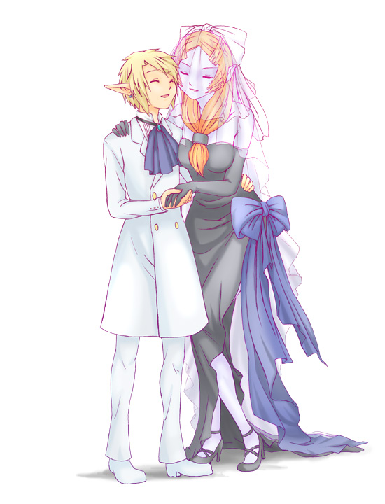 inumimi moeta, link, midna, midna (true), nintendo, the legend of zelda, the legend of zelda: twilight princess, spoilers, 1boy, 1girl, black dress, black wedding dress, bow, bridal veil, bride, closed eyes, colored skin, dress, elbow gloves, elf, formal clothes, gloves, good end, grey skin, height difference, hetero, high heels, holding hands, long hair, orange hair, pointy ears, size difference, suit, veil, wedding dress