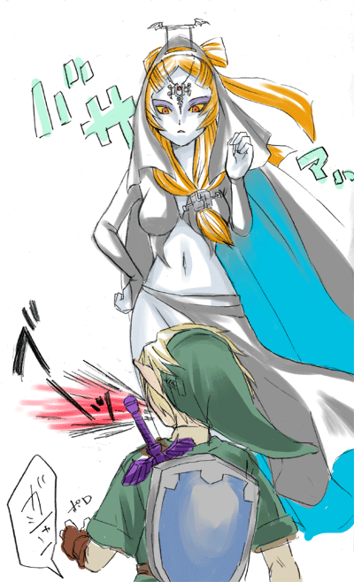 inumimi moeta, link, midna, midna (true), nintendo, the legend of zelda, the legend of zelda: twilight princess, spoilers, 1boy, 1girl, blood, blue skin, cape, censored, colored skin, convenient censoring, convenient head, front ponytail, grey skin, hood, long hair, midriff, no panties, nosebleed, orange hair, pointy ears, red eyes, shield, shield on back, wind, wind lift