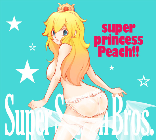 inumimi moeta, princess peach, mario (series), nintendo, super princess peach, super smash bros., 1girl, blonde hair, blue eyes, breasts, crown, hat, huge breasts, long hair, looking back, panties, sideboob, topless female, underwear