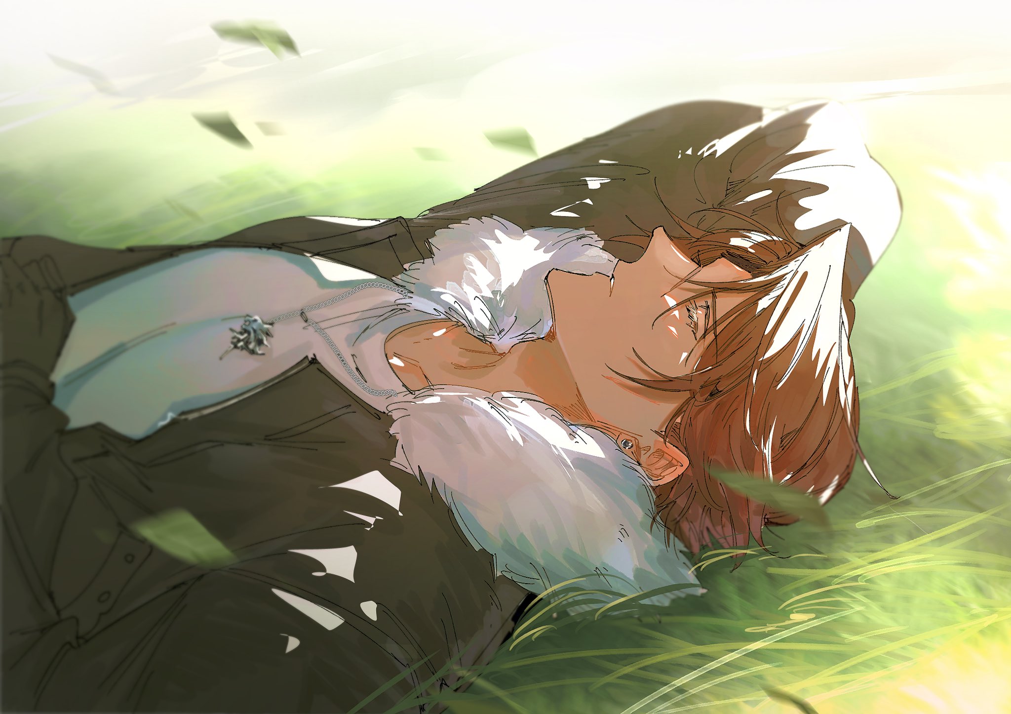 shio ga, squall leonhart, final fantasy, final fantasy viii, highres, 1boy, arm behind head, black gloves, black jacket, brown hair, chain, chain necklace, closed eyes, earrings, fur-trimmed jacket, fur trim, gloves, grass, jacket, jewelry, male focus, necklace, outdoors, parted bangs, parted lips, scar, scar on face, scar on forehead, shirt, short hair, single earring, solo, white shirt