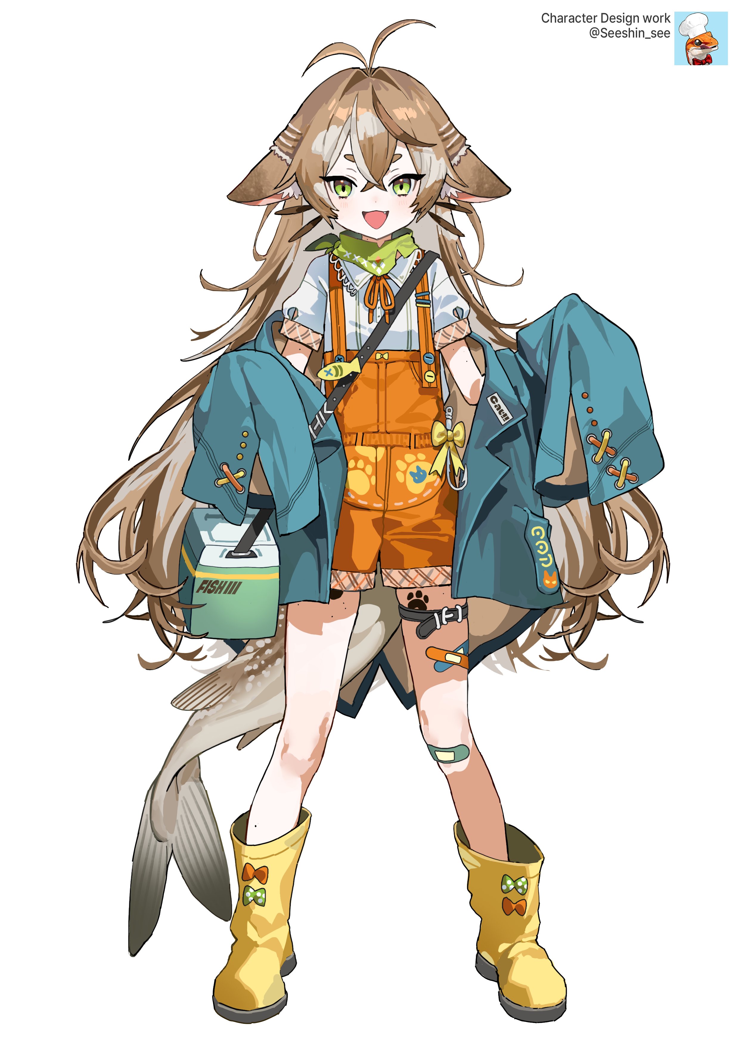seeshin see, original, absurdres, highres, 1girl, animal ears, antenna hair, bandaid, bandaid on knee, bandaid on leg, bandaid on thigh, bandana, bandana around neck, belt, blue jacket, boots, bow, brown hair, brown tail, collar, cowlick, crossed bangs, double-parted bangs, droopy ears, fangs, fins, fish tail, flat chest, footwear bow, fox ears, frilled collar, frills, full body, green bandana, green eyes, grey hair, hands up, jacket, jacket partially removed, legs apart, long hair, looking at viewer, orange overalls, overalls, pale skin, paw print, puffy short sleeves, puffy sleeves, rubber boots, shirt, short eyebrows, short sleeves, sleeves past fingers, sleeves past wrists, solo, spotted hair, standing, tachi-e, tackle box, tail, thigh belt, thigh strap, very long hair, whiskers, white shirt, yellow boots
