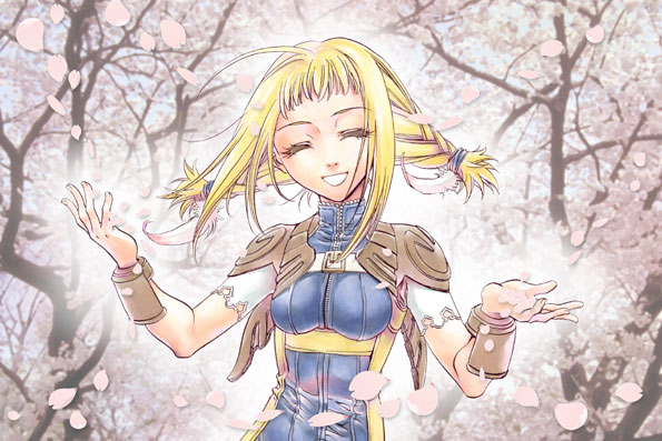 kimagureneko, penelo, final fantasy, final fantasy xii, 00s, 1girl, blonde hair, braid, breasts, cherry blossoms, closed eyes, female focus, nature, outdoors, petals, solo, twin braids
