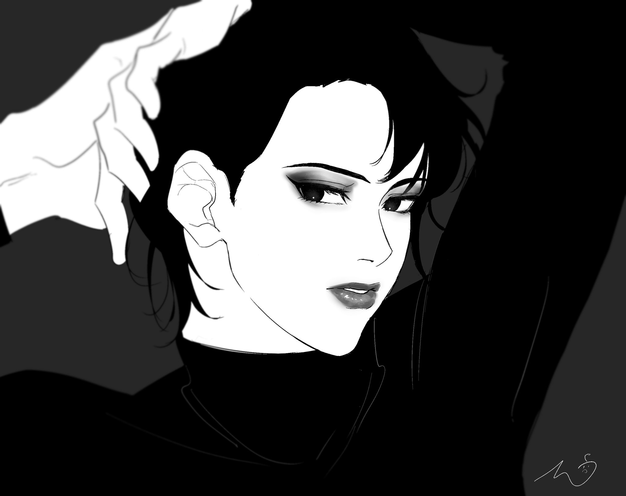 may c, shizune (naruto), naruto (series), commentary request, highres, korean commentary, 1girl, alternate hair length, alternate hairstyle, arms up, eyeshadow, greyscale, lipstick, makeup, monochrome, portrait, profile, short hair, signature, solo, turtleneck