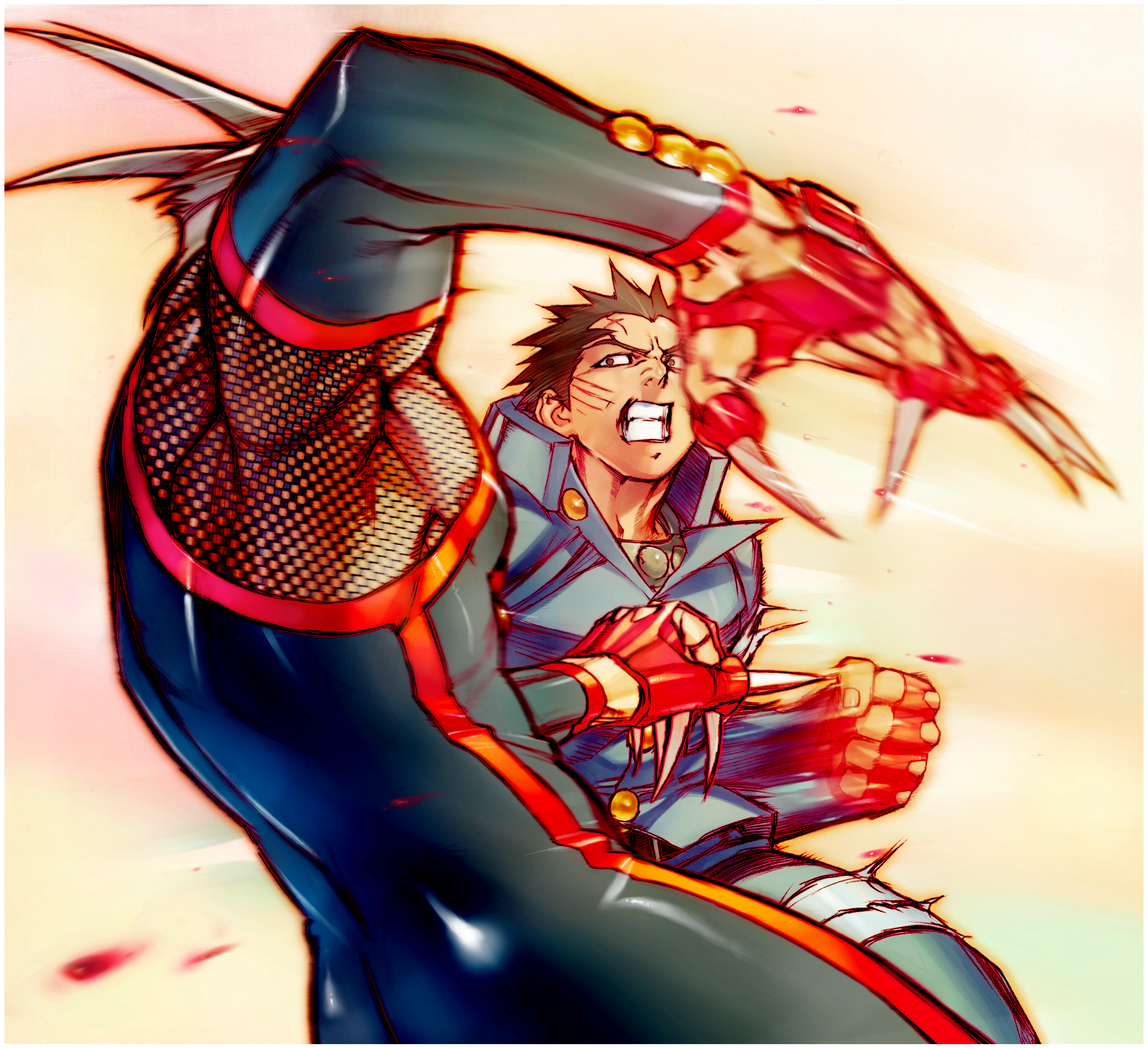 edaki shin'ya, ichimonji batsu, kirishima kurow, justice gakuen, moero! justice gakuen, game cg, highres, non-web source, official art, 2boys, black bodysuit, black hair, blonde hair, blood, blood drop, bodysuit, claws, clenched hand, clenched teeth, detached sleeves, duel, fingerless gloves, from behind, from below, gakuran, gloves, high collar, looking at another, male focus, mesh, multiple boys, muscular, muscular male, red gloves, scar, scar on face, scar on forehead, school uniform, short hair, sleeveless, teeth