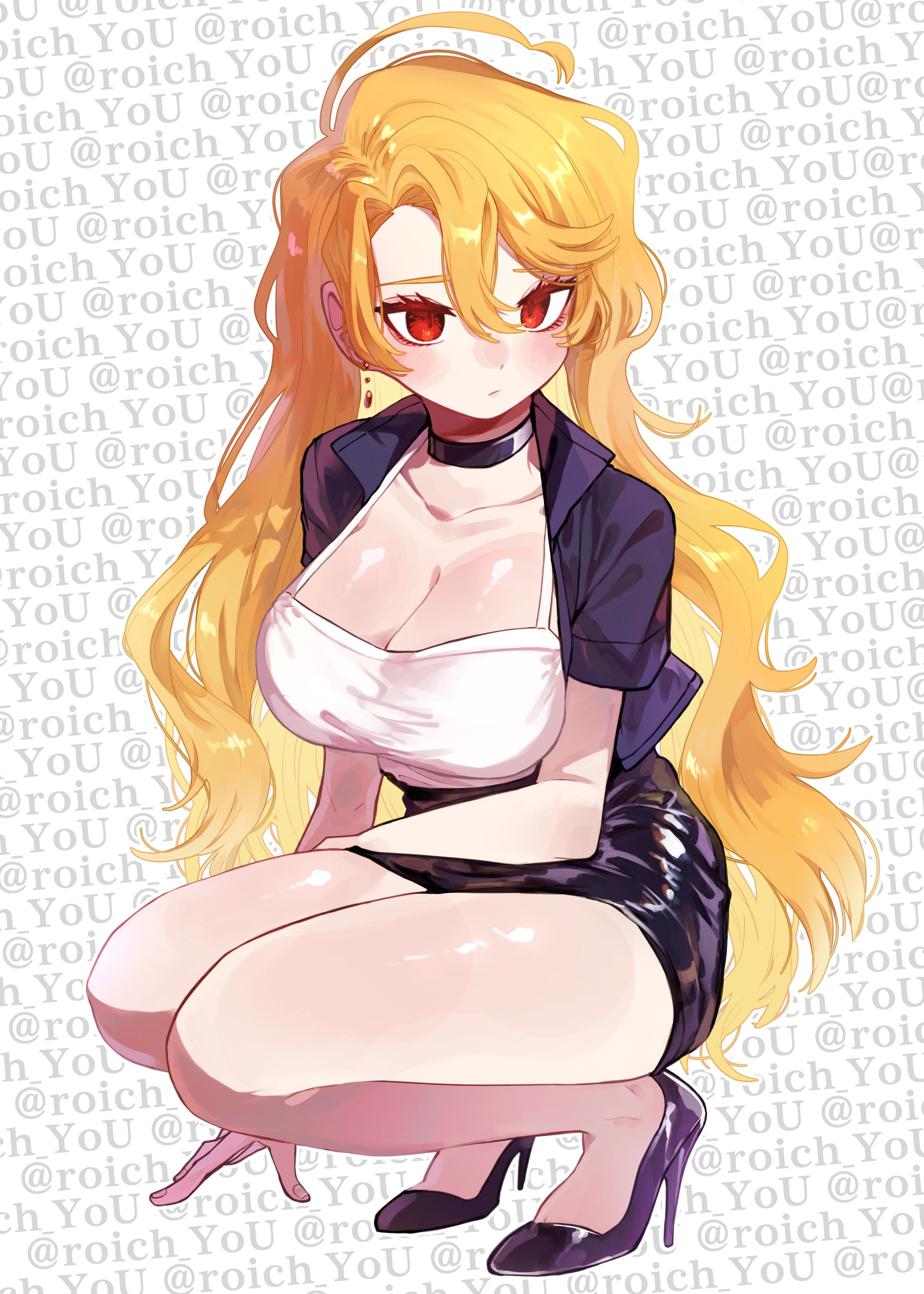 pmchell 04, don quixote (project moon), sancho (project moon), limbus company, project moon, absurdres, highres, revision, 1girl, ahoge, black choker, black jacket, black shoes, black skirt, blonde hair, blush, breasts, choker, cleavage, closed mouth, earrings, full body, high-waist skirt, high heels, jacket, jewelry, large breasts, latex, latex skirt, long hair, looking to the side, miniskirt, open clothes, open jacket, outline, red eyes, shiny skin, shirt, shoes, short-sleeved jacket, short sleeves, simple background, skin tight, skirt, sleeveless, sleeveless shirt, slit pupils, squatting, twitter username, white background, white outline, white shirt