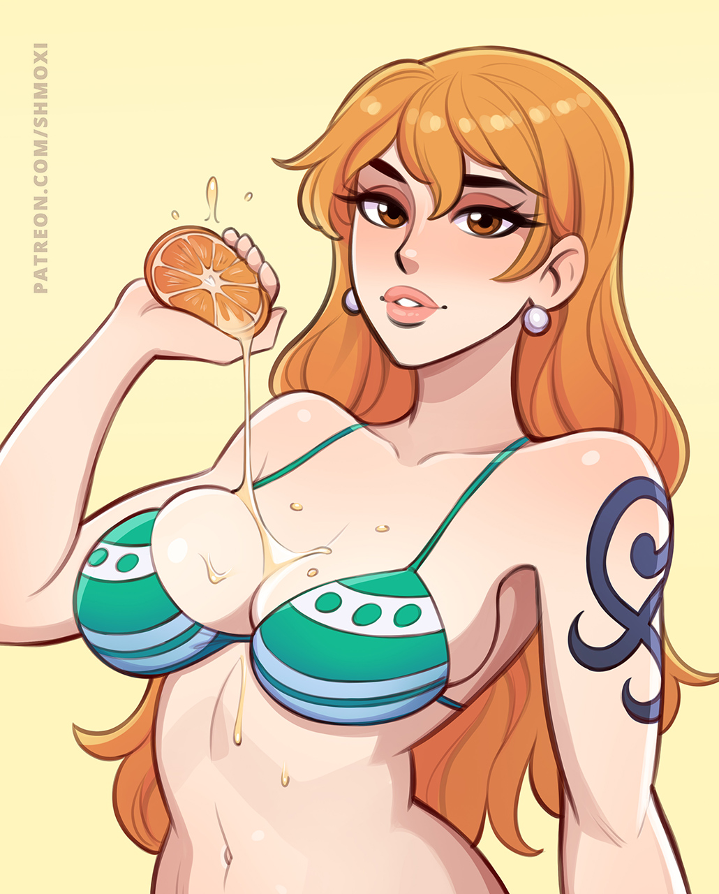 toksie, nami (one piece), one piece, highres, arm tattoo, bikini, breasts, food, fruit, holding, holding food, holding fruit, orange eyes, orange hair, swimsuit, tattoo, yellow background