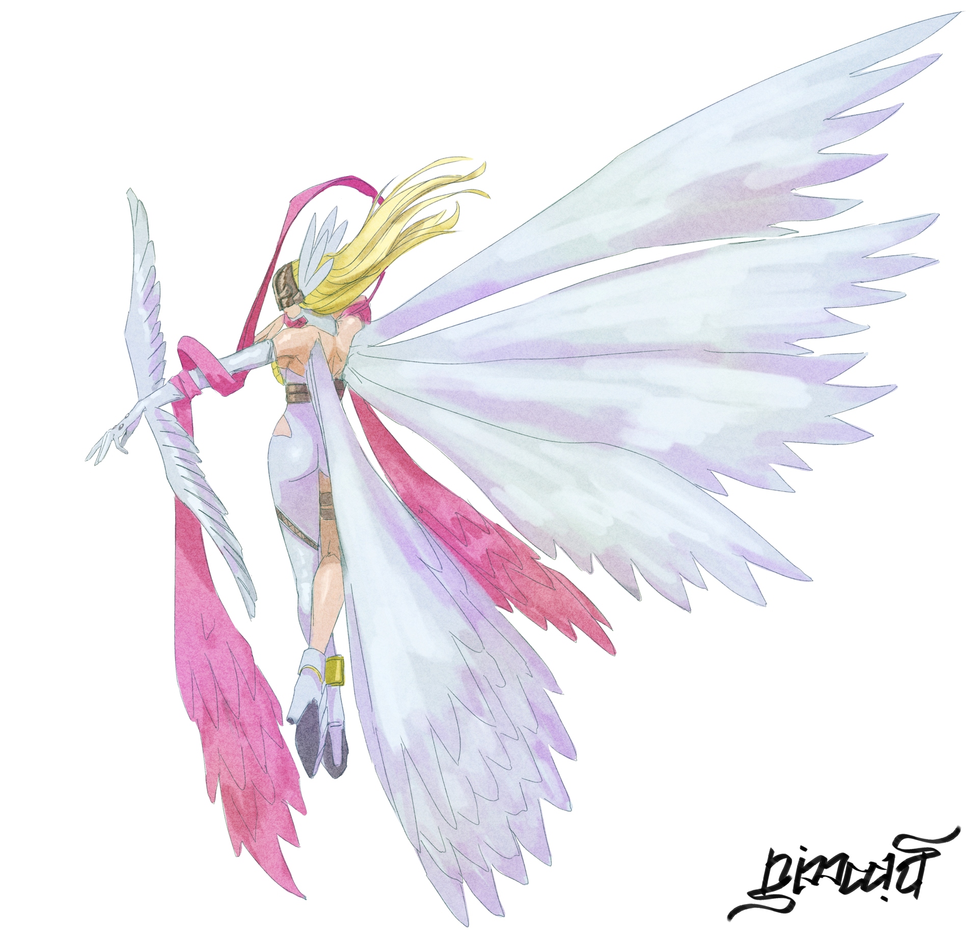 nimadj, angewomon, digimon, digimon adventure, highres, 1girl, angel, ass, blonde hair, digimon (creature), feathered wings, from behind, helmet, long hair, multiple wings, pink ribbon, ribbon, signature, solo, white wings, wings, wrist wings