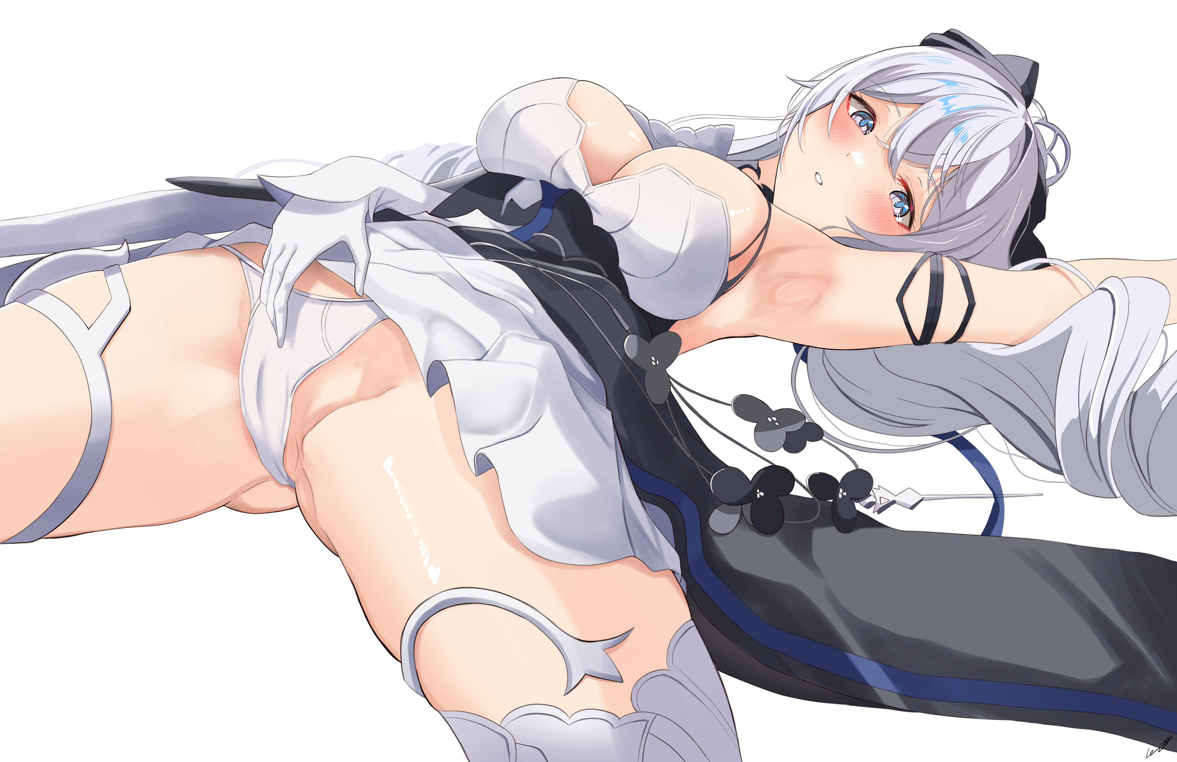 naruta (nmaf4445), bronya zaychik, bronya zaychik (silverwing: n-ex), honkai (series), honkai impact 3rd, absurdres, commentary, highres, 1girl, armpits, breasts, cameltoe, cleavage, dress, drill hair, elbow gloves, gloves, grey eyes, grey hair, large breasts, long hair, looking at viewer, lying, on back, panties, simple background, solo, thighhighs, thighs, underwear, very long hair, white background, white dress, white gloves, white panties, white thighhighs