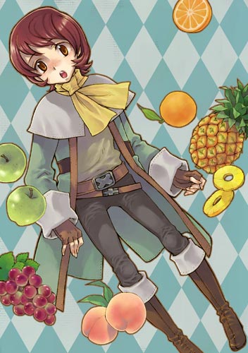 arc, arc (ff3), final fantasy, final fantasy iii, lowres, 1990s (style), 1boy, apple, argyle background, argyle clothes, diamond (gemstone), food, fruit, grapes, male focus, orange (fruit), peach, pineapple, retro artstyle, solo