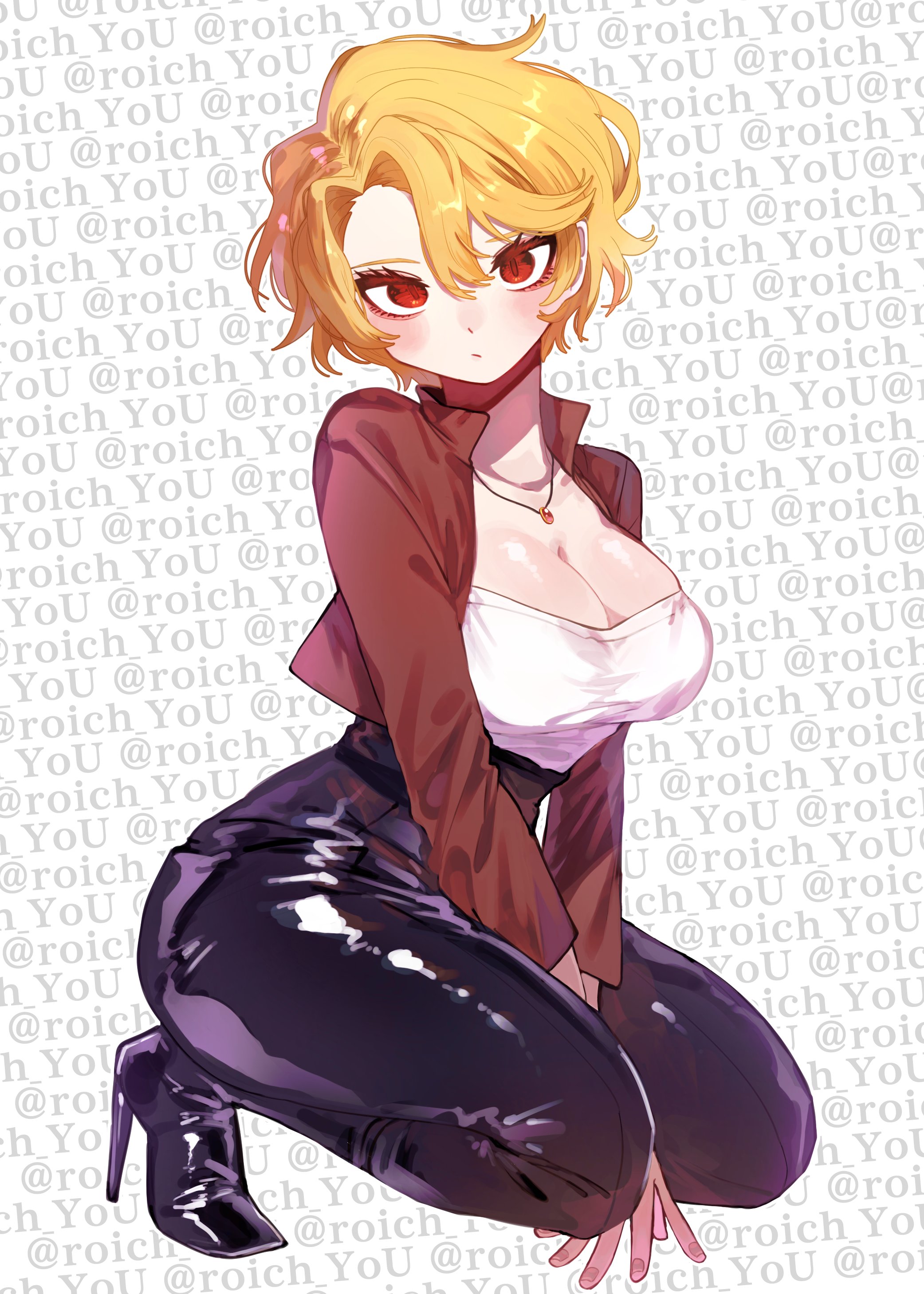 pmchell 04, don quixote (project moon), sancho (project moon), limbus company, project moon, absurdres, highres, revision, 1girl, ahoge, black pants, black shoes, blonde hair, blush, boots, breasts, cleavage, closed mouth, full body, high-waist skirt, high heel boots, high heels, jacket, jewelry, kneeling, large breasts, latex, latex pants, looking at viewer, necklace, open clothes, open jacket, outline, pants, red eyes, red jacket, shiny skin, shirt, shoes, short-sleeved jacket, short hair, short sleeves, simple background, skin tight, skirt, sleeveless, slit pupils, strapless, strapless shirt, twitter username, white background, white outline, white shirt